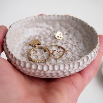 Handmade White Ceramic Ring Dish With Gold Dots, 6 of 6