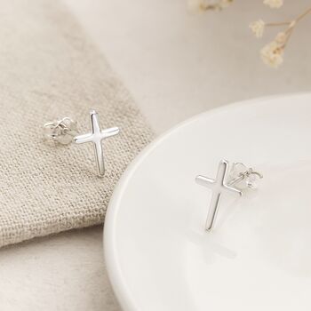 Sterling Silver Cross Stud Earrings – 9mm, 2 of 4