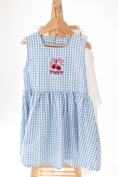 Blue Gingham Embroidered Personalised Cherry Smock Dress, 7 of 7