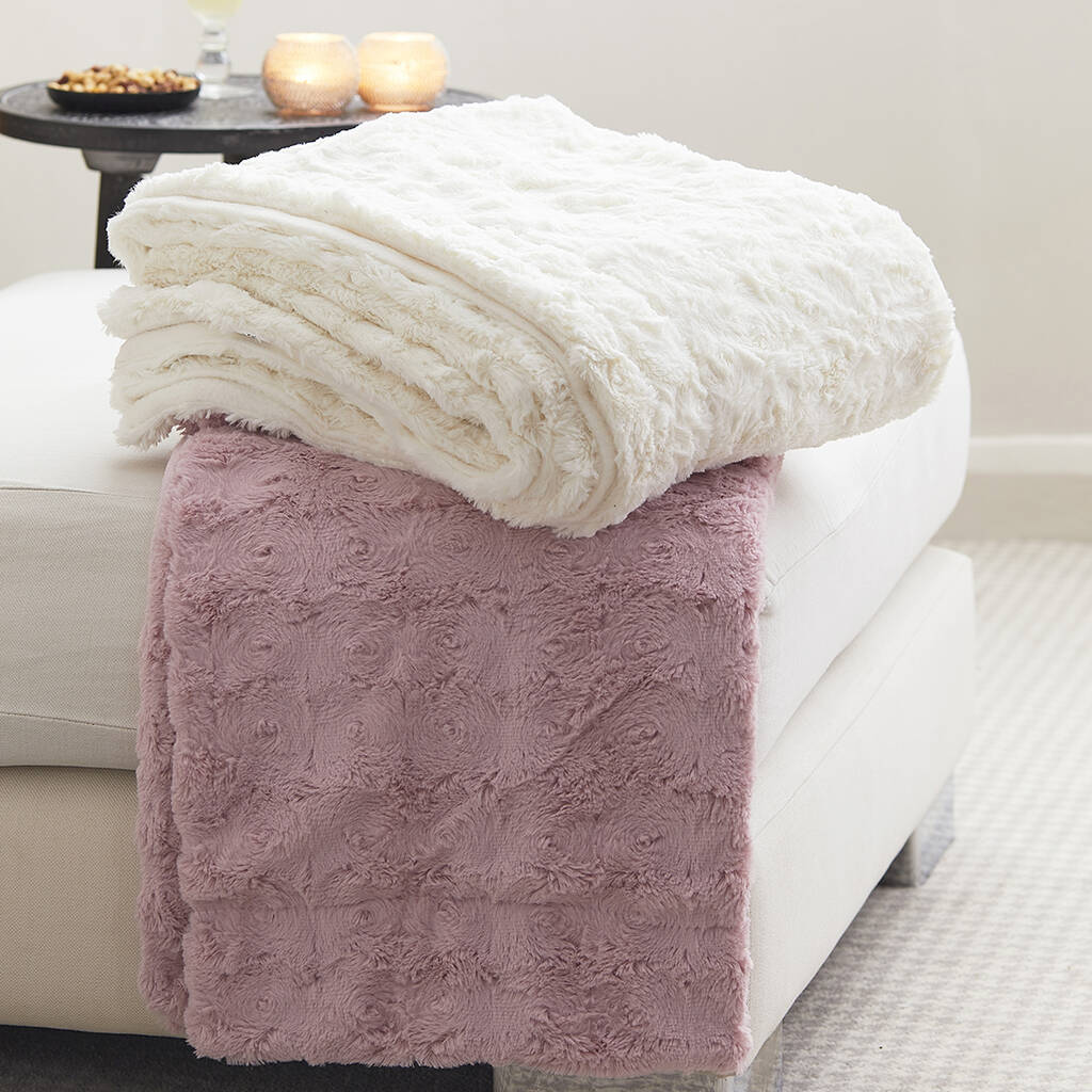 Snug Faux Fur Throws Ivory And Blush By Primrose & Plum