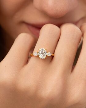 Two Ct Oval Moissanite Three Stone Engagement Ring, 7 of 10