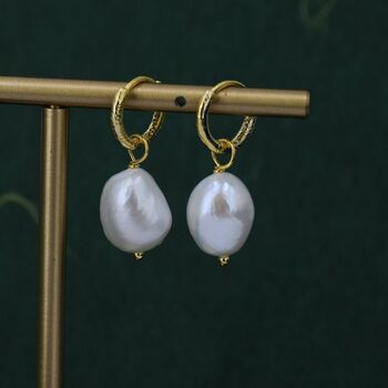 Baroque Pearl With Skinny Hammered Hoop Earrings, 2 of 12