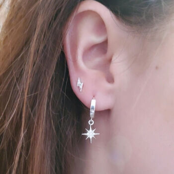 Sterling Silver Sparkle Cz Star Lightning Charm Huggie Hoop Earrings, 2 of 8