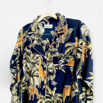 Giraffe And Leopard Print 100% Cotton Ladies Pyjamas In Dark Blue, 3 of 3