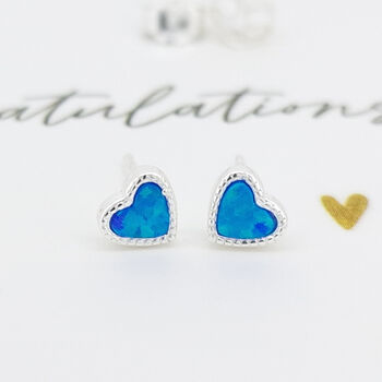 Mini Sterling Silver Blue Opal Heart Stud Earrings, 6 of 9