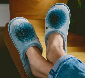 Personalised Soft Blue Pom Pom Slippers, 2 of 3