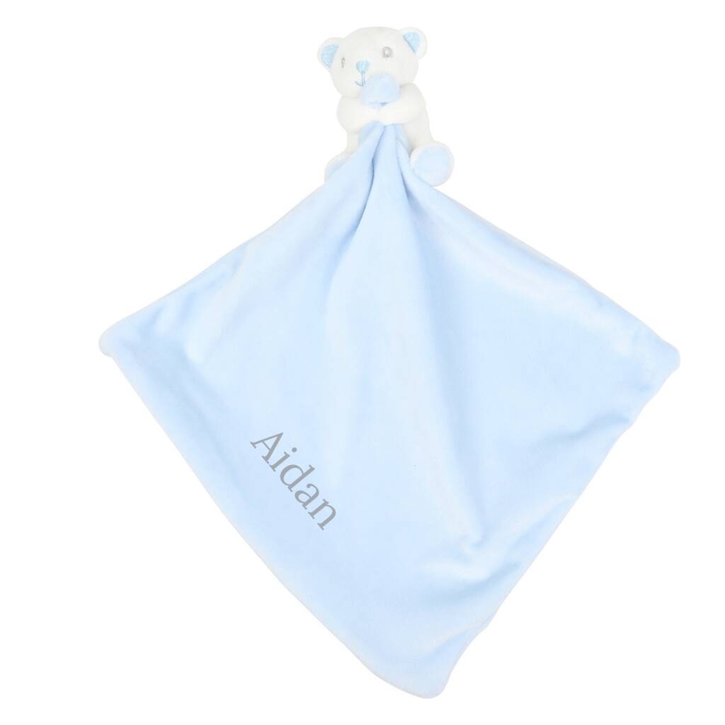 Personalised Blue Bear Plush Rattle Comforter Blanket, 1 of 7