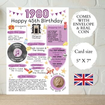 45th Birthday Card With 1980 Coin And Envelope Choose Your Colour, 3 of 3