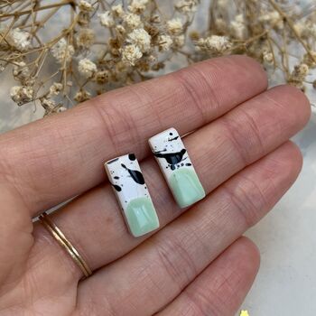 Mint Green Ceramic Bar Stud Earrings Abstract Splatter Minimalist Studs, 3 of 8