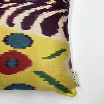 Square Ikat Silk Cushion Yellow And Purple Abstract, 3 of 7