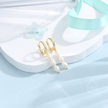 Sterling Silver Natural Oval Pearl Trio Huggie Hoop Earrings, 5 of 11