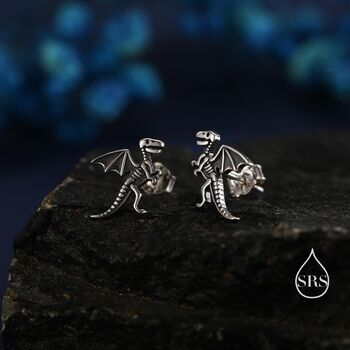 Oxidised Sterling Silver Dragon Fossil Stud Earrings, 5 of 11
