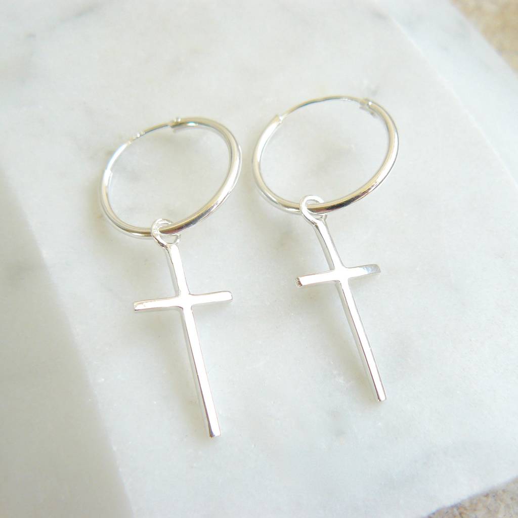 silver hoop earrings with cross charm by lime tree design