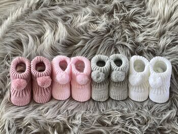 White Knitted Baby Booties With Pom Pom, 7 of 9