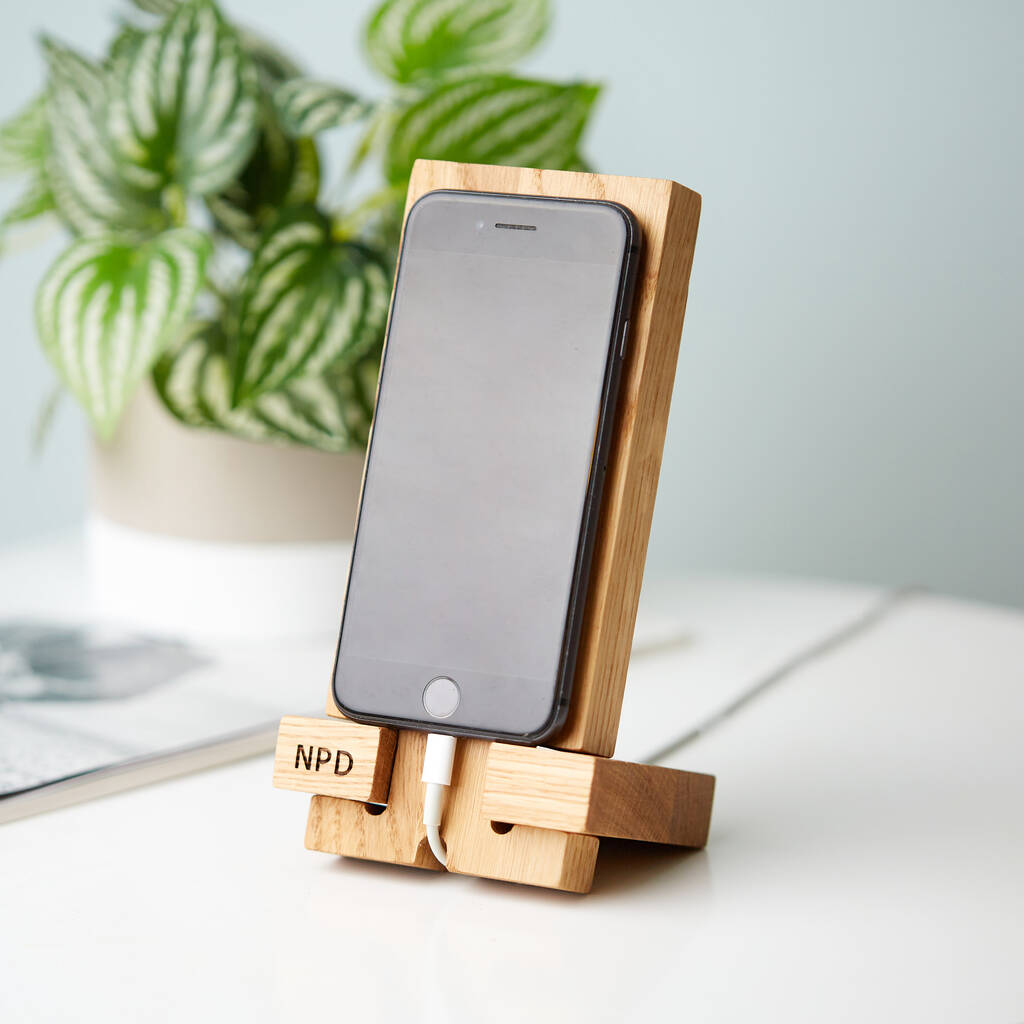 Personalised Phone Charging Stand In Solid Oak, 1 of 10