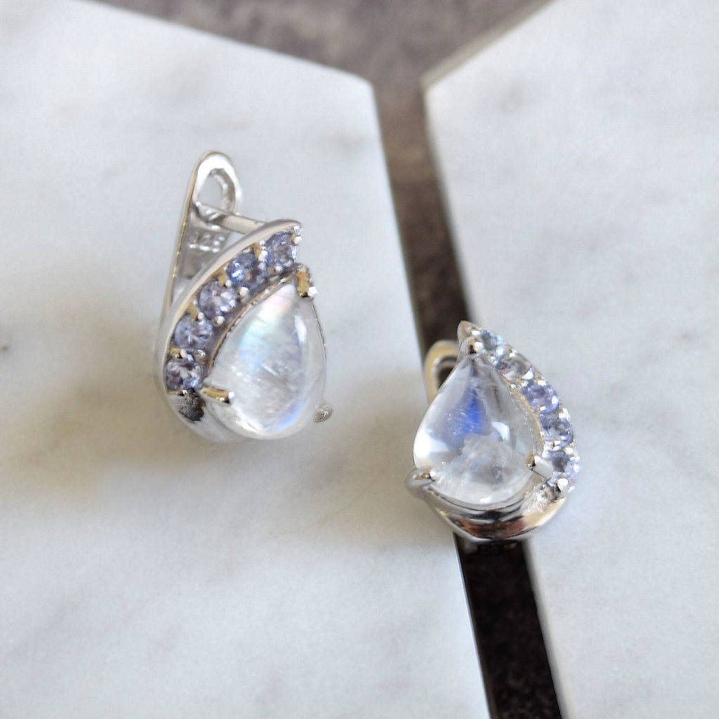 Sterling Silver Rainbow Moonstone Tanzanite Earrings By Mia Belle Sterling Silver Rainbow Moonstone Tanzanite Earrings