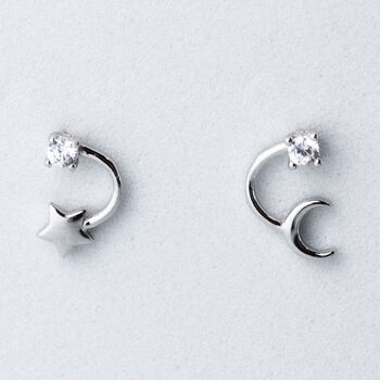 Sterling Silver Asymmetrical Moon And Star Stud Earrings, 3 of 7