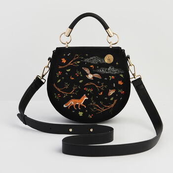 Fox And Owl Embroidered Black Top Handle Saddle Bag, 4 of 8