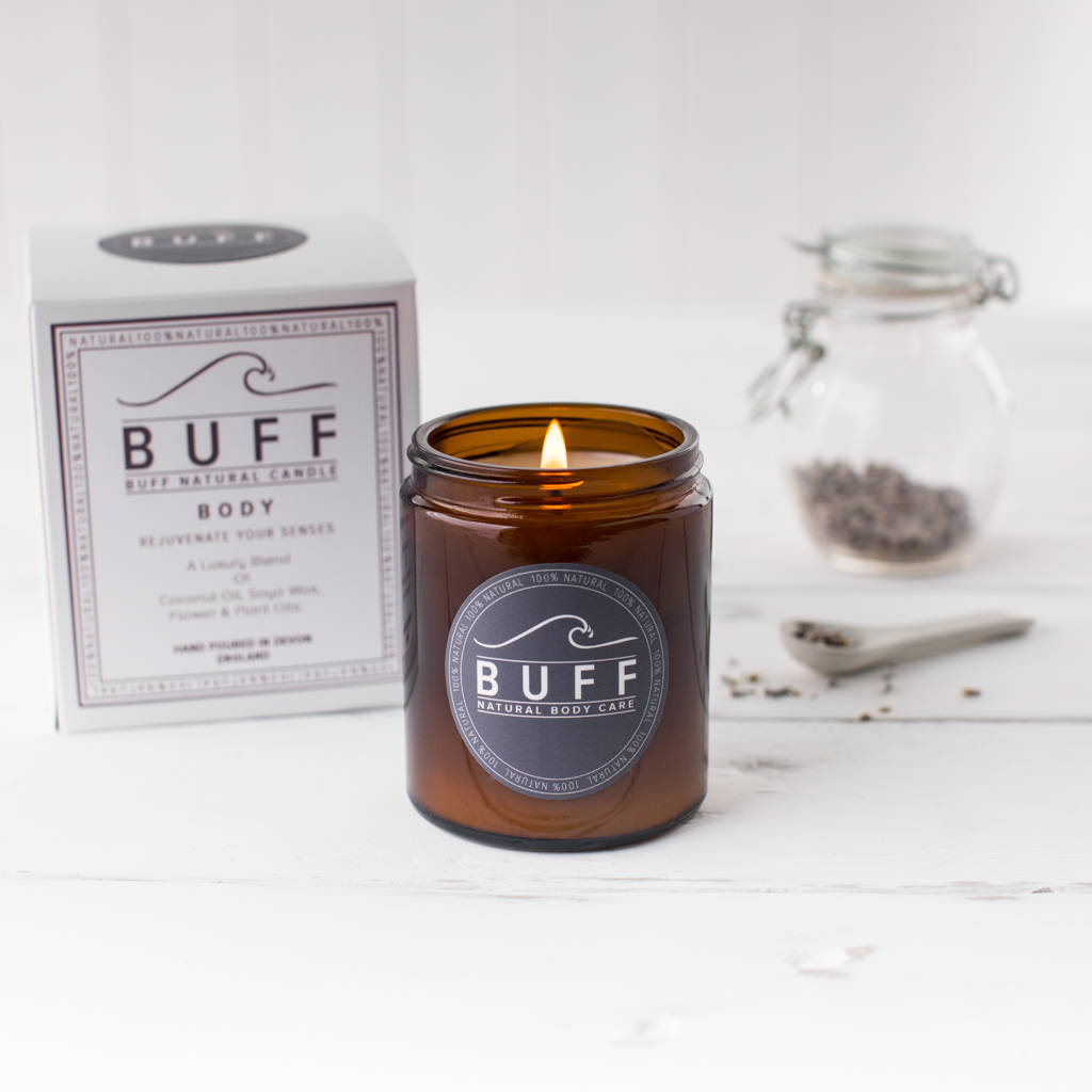 woody and rejuvenating 100 natural scented candle by buff natural body
