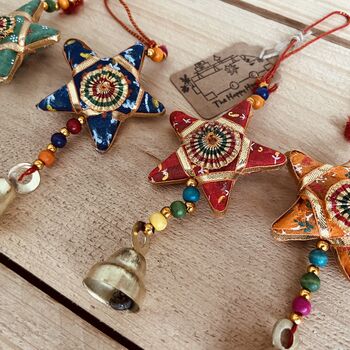 Fabric Hanging Star Decoration Recycled Sari Bell, 3 of 5