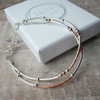 Double Stranded Silver And Rolled Rose Gold Bracelet, 4 of 6