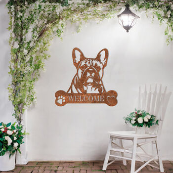 Custom French Bulldog Welcome Metal Wall Art Gift For Dog Lovers Home Or Garden Decor, 8 of 11