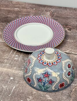 Blue Patterned Round Butter Dish, 2 of 3