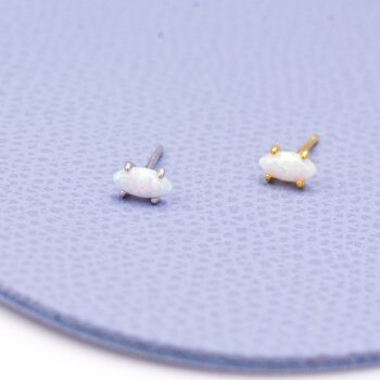 Sterling Silver Tiny White Opal Marquise Stud Earrings, 2 of 10