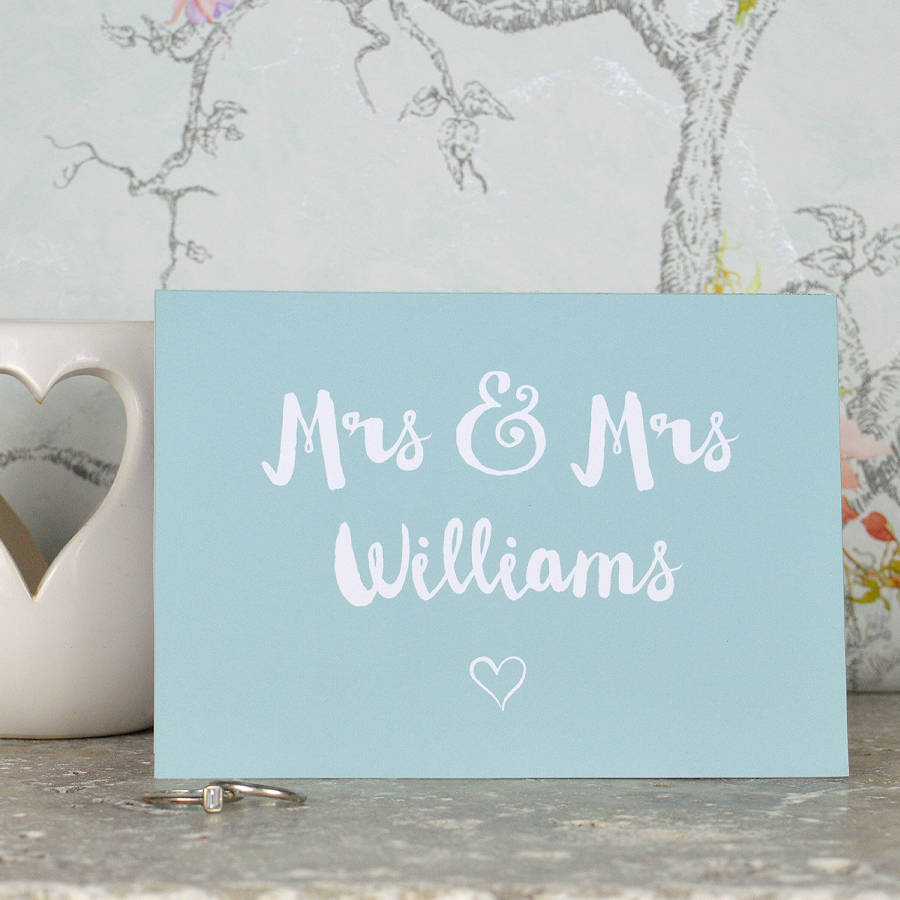 personalised mrs and mrs wedding card by pink and turquoise