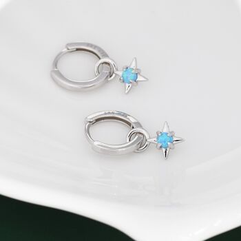 Sterling Silver Tiny Blue Opal Starburst Huggie Hoop Earrings, 6 of 12