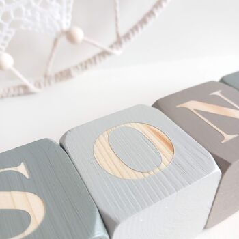Wooden Nursery Letter Blocks, Personalised Baby Boy Gift Sage, Grey, Taupe, 3 of 8