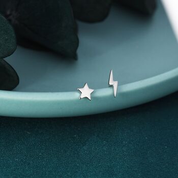 Sterling Silver Mismatched Star And Lightning Bolt Stud Earrings, 5 of 12