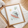 Whimsical Surfing Zebra Children's Art Print, thumbnail 1 of 3