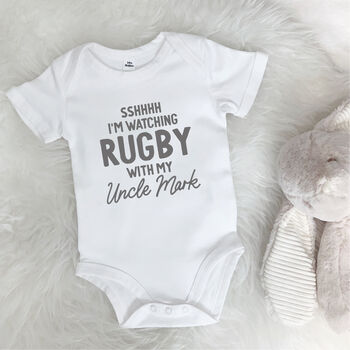 Watching Sport With Uncle Personalised Sports Babygrow, 2 of 8