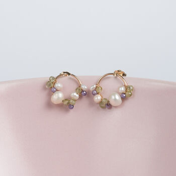 Dainty Baroque Pearl Peridot And Zircon Stud Earrings, 2 of 7