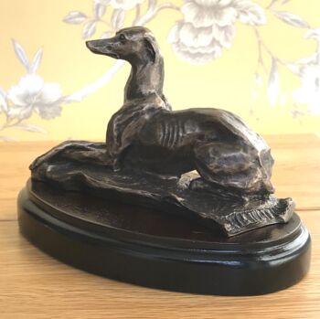 Bronze Laying Greyhound Figurine On Wooden Base, 3 of 5