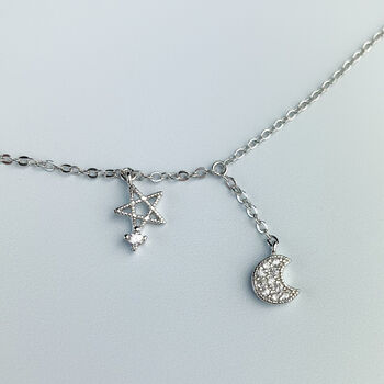 Sterling Silver Crystal Moon And Star Necklace, 2 of 5