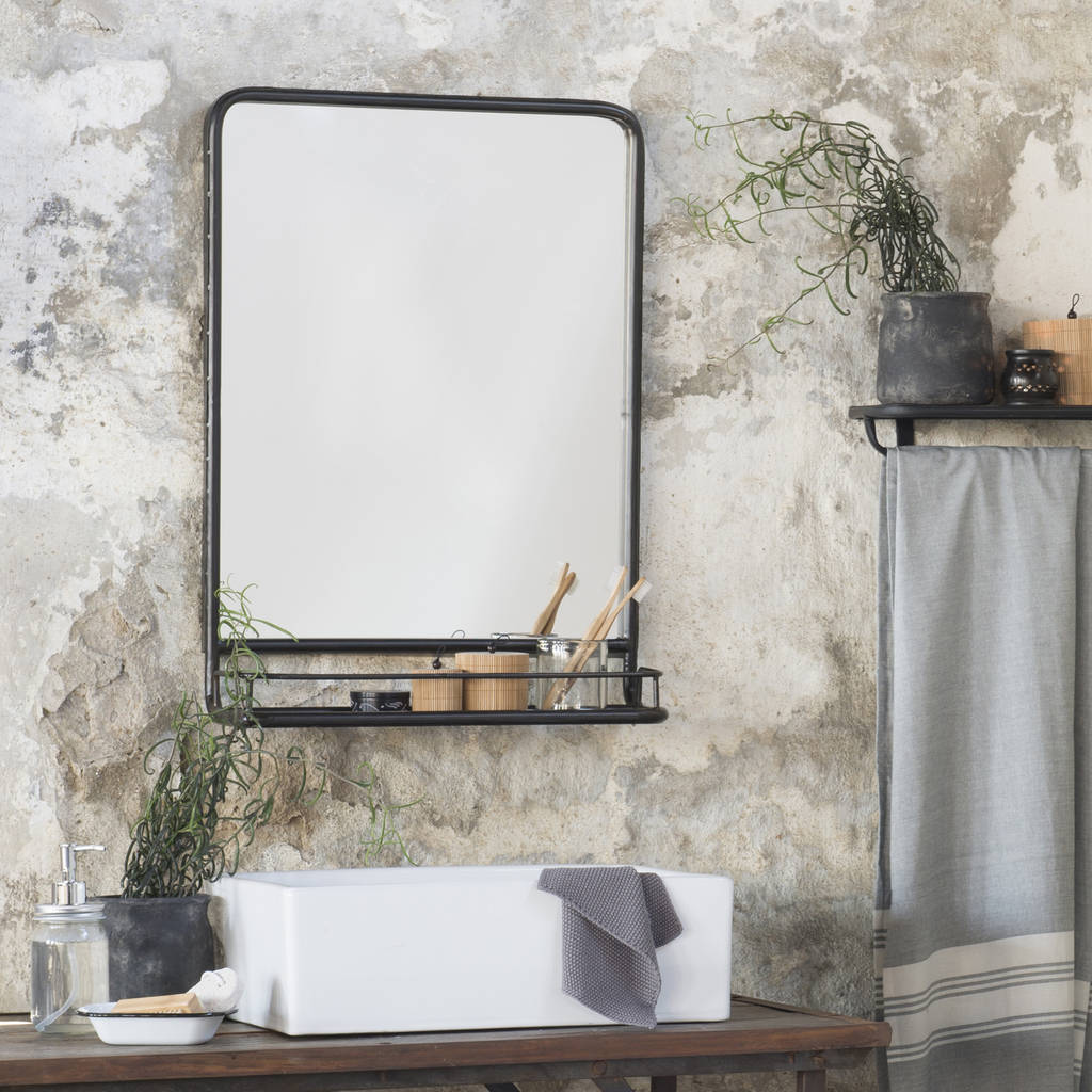 Large Black Industrial Mirror With Shelf By The Little House Shop