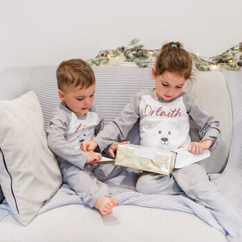 Personalised Grey Polar Bear Kids Christmas Pyjamas, 7 of 12