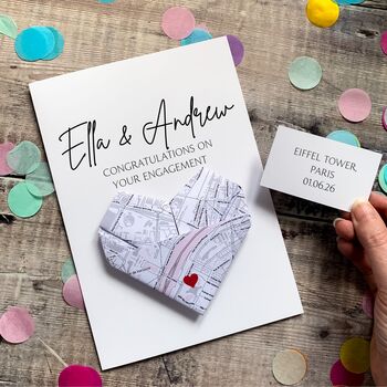 Personalised Map Engagement Congratulations Card, Origami Heart Card For A Special Couple Proposal Venue Location, 3 of 5