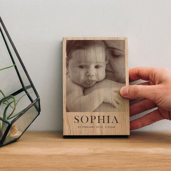 Personalised New Baby Solid Oak Wooden Photo Block, 4 of 8