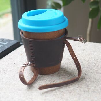 Personalised Reusable Coffee Cup Leather Bike Holder, 4 of 5