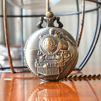 Engraved Bronze Pocket Watch Steam Train Design, 2 of 6