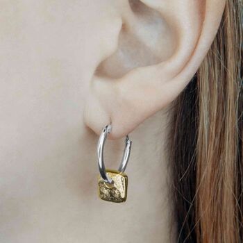 Organic Square Charm Gold Plated Silver Huggie Hoop Earrings, 2 of 6