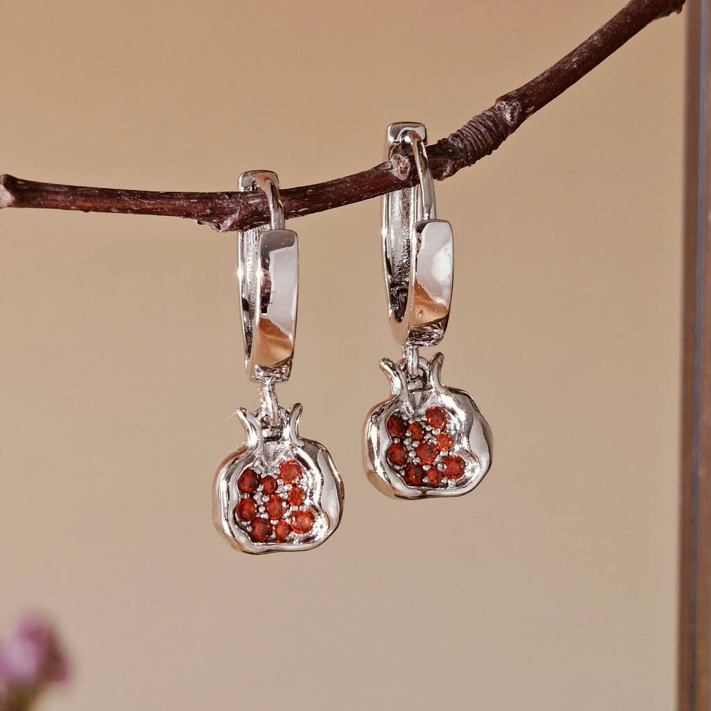 Platinum Plated Red Pomegranate Huggie Hoop Earrings, 1 of 6