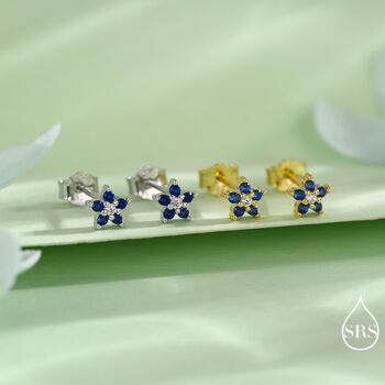 Sapphire Blue Forget Me Not Flower Cz Stud Earrings In Sterling Silver, 7 of 12