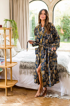 Indian Cotton Midnight Marigold Print Robe, 5 of 5