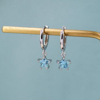 Sterling Silver Aqua Blue Cz Star Huggie Hoop Earrings, 8 of 12