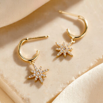 9ct Gold Cz North Star Hanging Earrings, 2 of 5