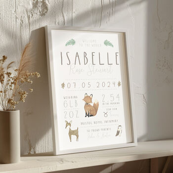 Personalised New Baby Birth Details Print Woodland Animals, 4 of 4